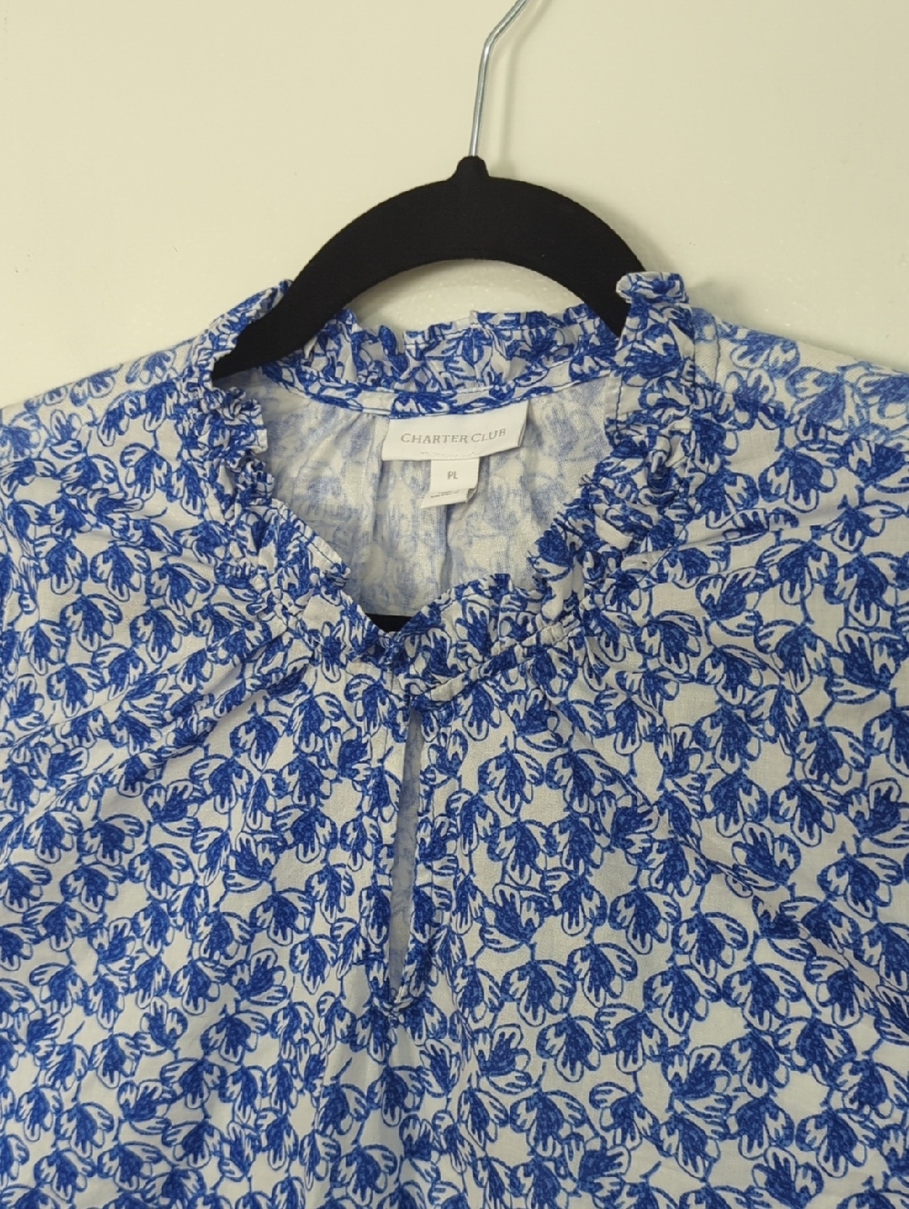 Charter Club Petite Large Blue & White Floral Cotton Modal Ruffle Detail‎ Top - Picture 2 of 7